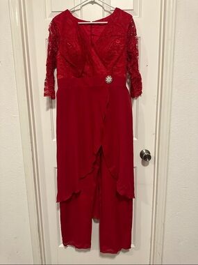 Amazon Red Lace Jumpsuit with Sheer Overlay and Rhinestone Accent
